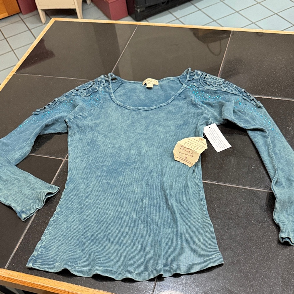 ONE WORLD Teal Long Sleeve Top with Embellishments